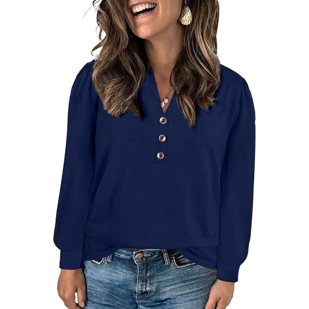 Plus Size Women's V-Neck Long Sleeve Casual Shirt Button Front Loose Fit